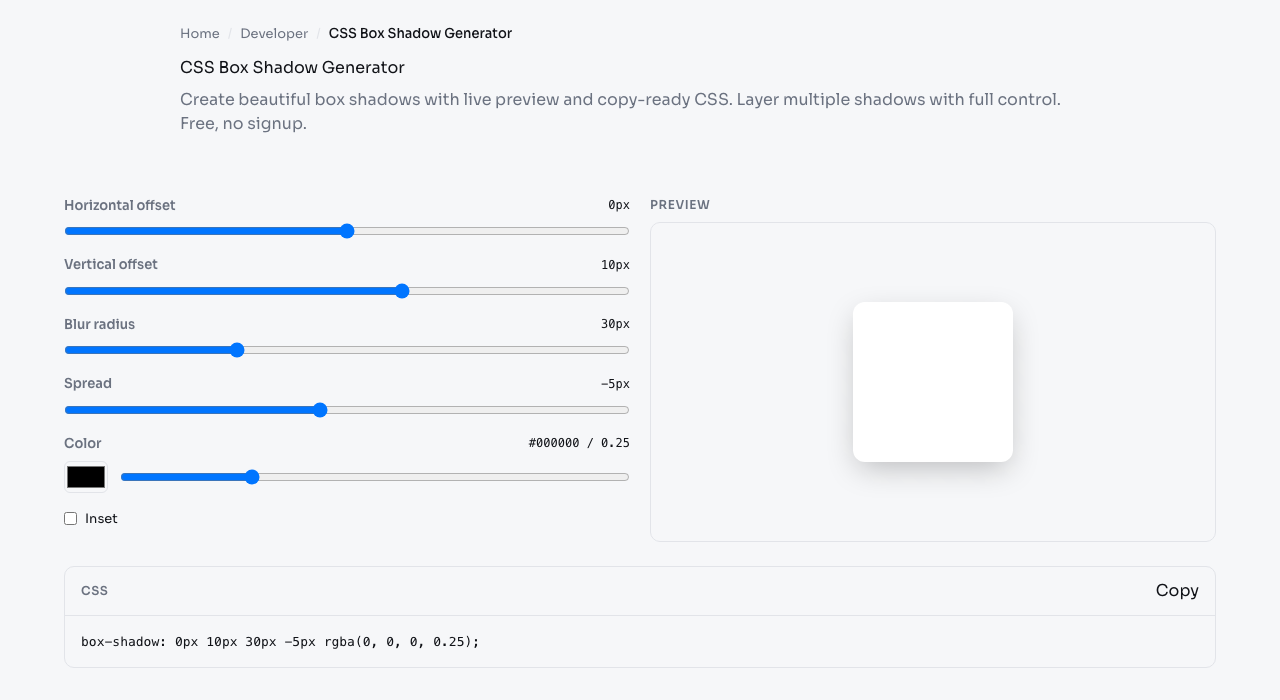 CSS Box Shadow Generator tool