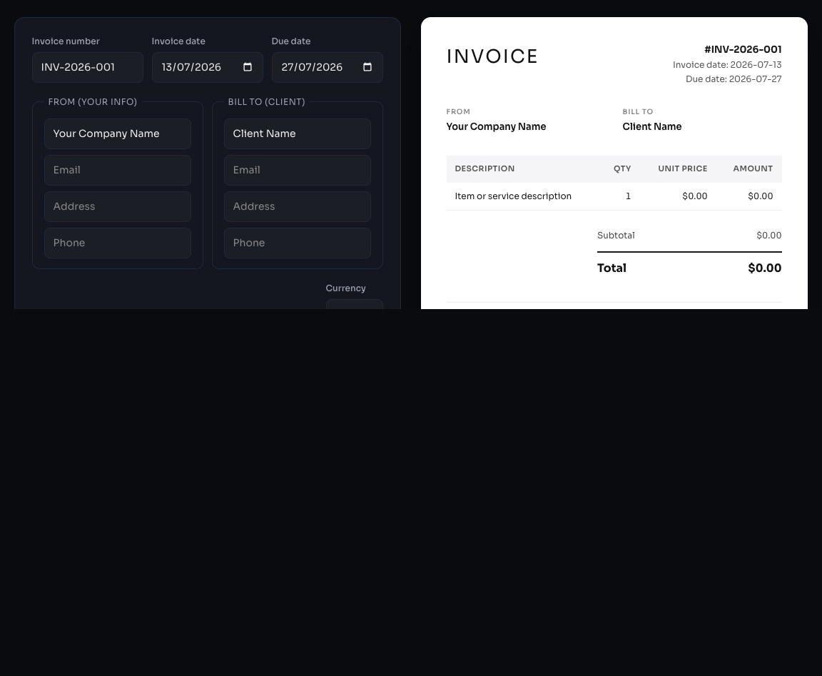 EaziApps Invoice Generator form and document preview
